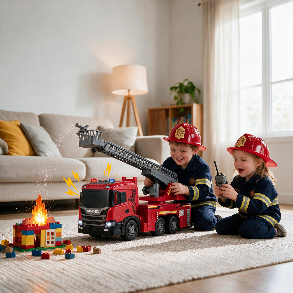 Camion de pompiers jouet grand modèle pour enfants, échelle extensible, rouge