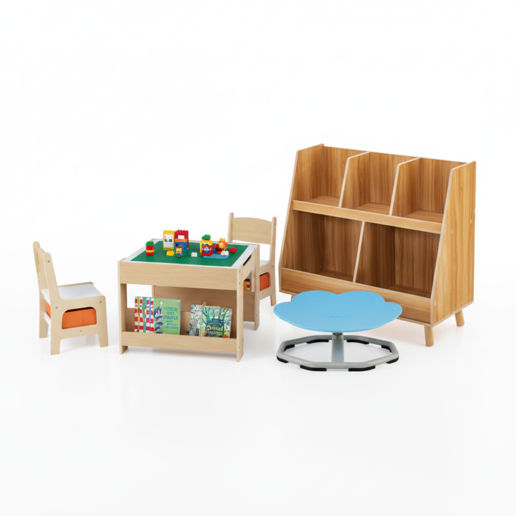 Kids Learning & Play Essentials Bundle — Bookshelf + 4-in-1 Activity Table Set + 360° Swivel Chair Kids Table & Chair Sets Options at Gallery Canada