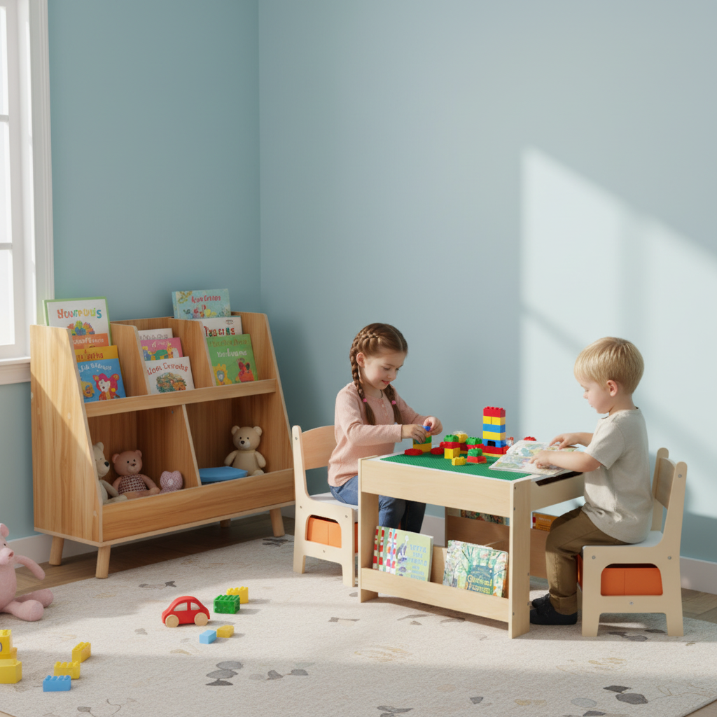 Kids Learning & Play Essentials Bundle — Bookshelf + 4-in-1 Activity Table Set + 360° Swivel Chair Kids Table & Chair Sets at Gallery Canada