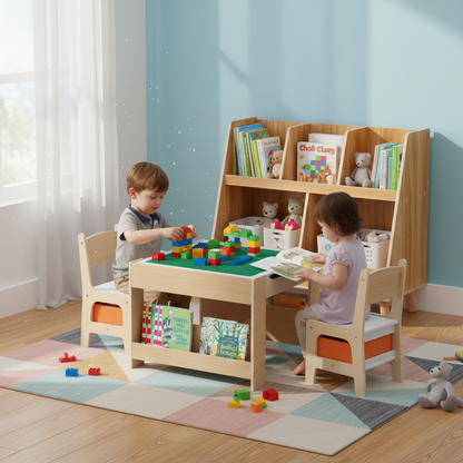 Kids Learning & Play Essentials Bundle — Bookshelf + 4-in-1 Activity Table Set + 360° Swivel Chair Kids Table & Chair Sets at Gallery Canada