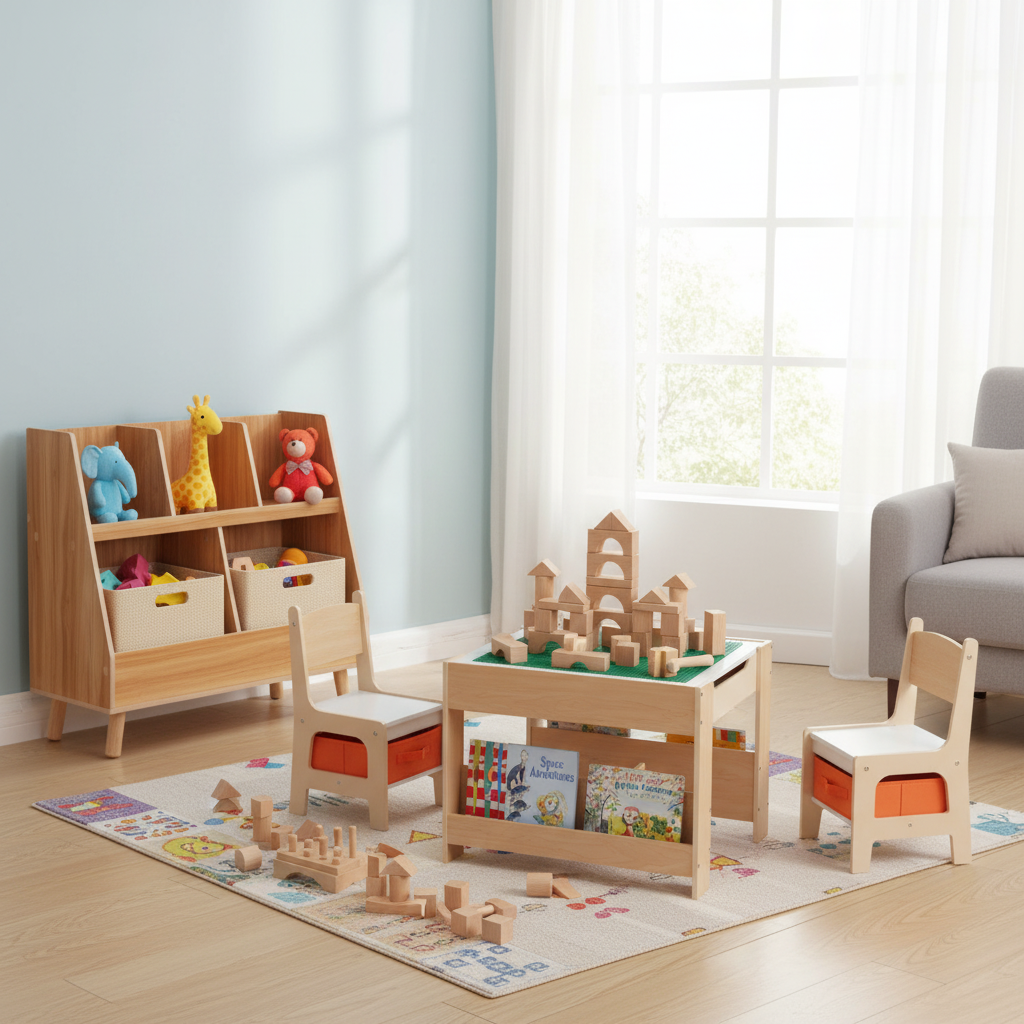Kids Learning & Play Essentials Bundle — Bookshelf + 4-in-1 Activity Table Set + 360° Swivel Chair Kids Table & Chair Sets at Gallery Canada
