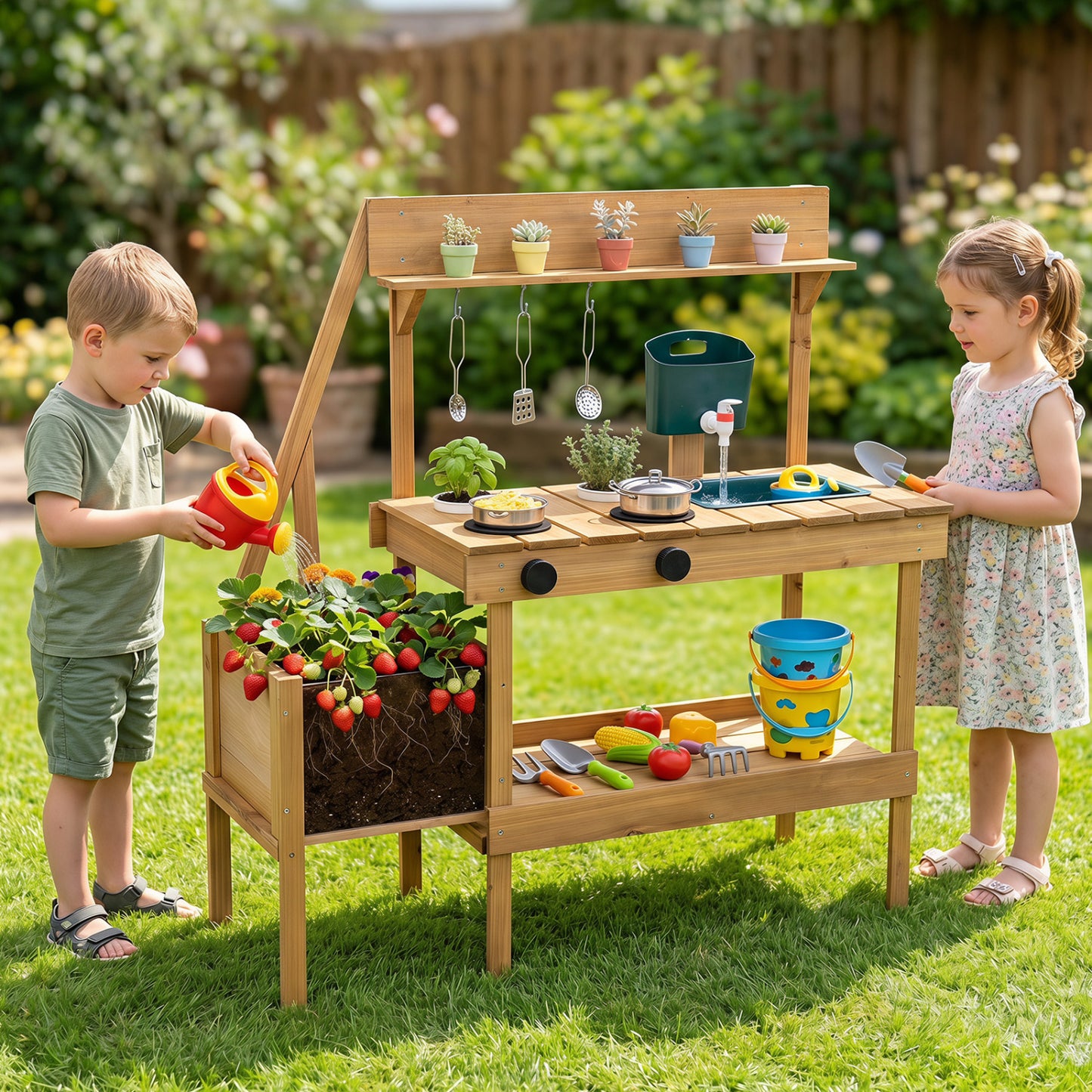 Kids Mud Kitchen Wooden Play Kitchen with Planter Box, Natural