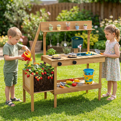 Kids Mud Kitchen Wooden Play Kitchen with Planter Box, Natural