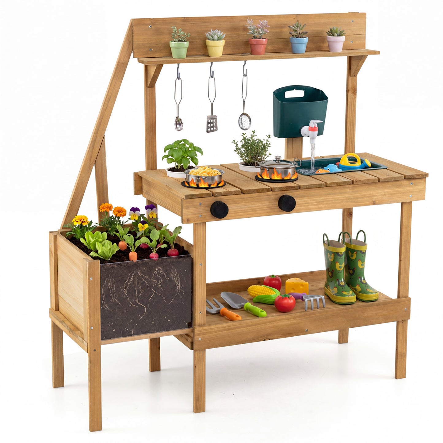 Kids Mud Kitchen Wooden Play Kitchen with Planter Box, Natural
