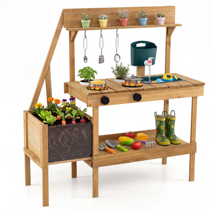 Kids Mud Kitchen Wooden Play Kitchen with Planter Box, Natural