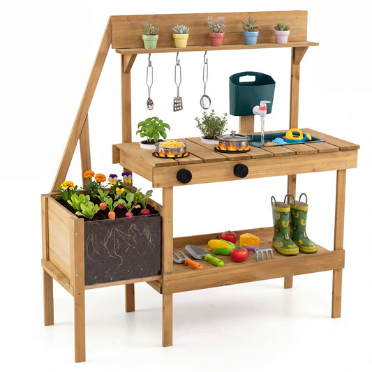Kids Mud Kitchen Wooden Play Kitchen with Planter Box, Natural Play Kitchen Sets Natural at Gallery Canada