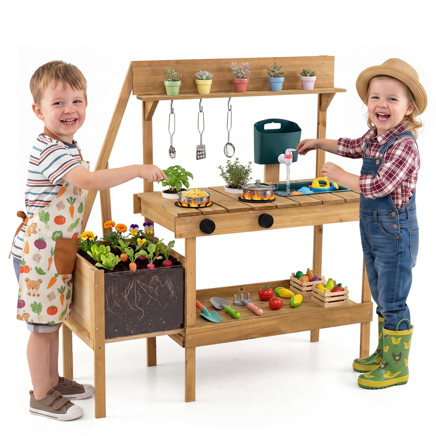 Kids Mud Kitchen Wooden Play Kitchen with Planter Box, Natural