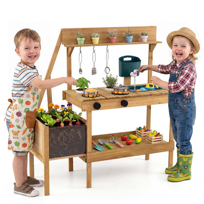 Kids Mud Kitchen Wooden Play Kitchen with Planter Box, Natural