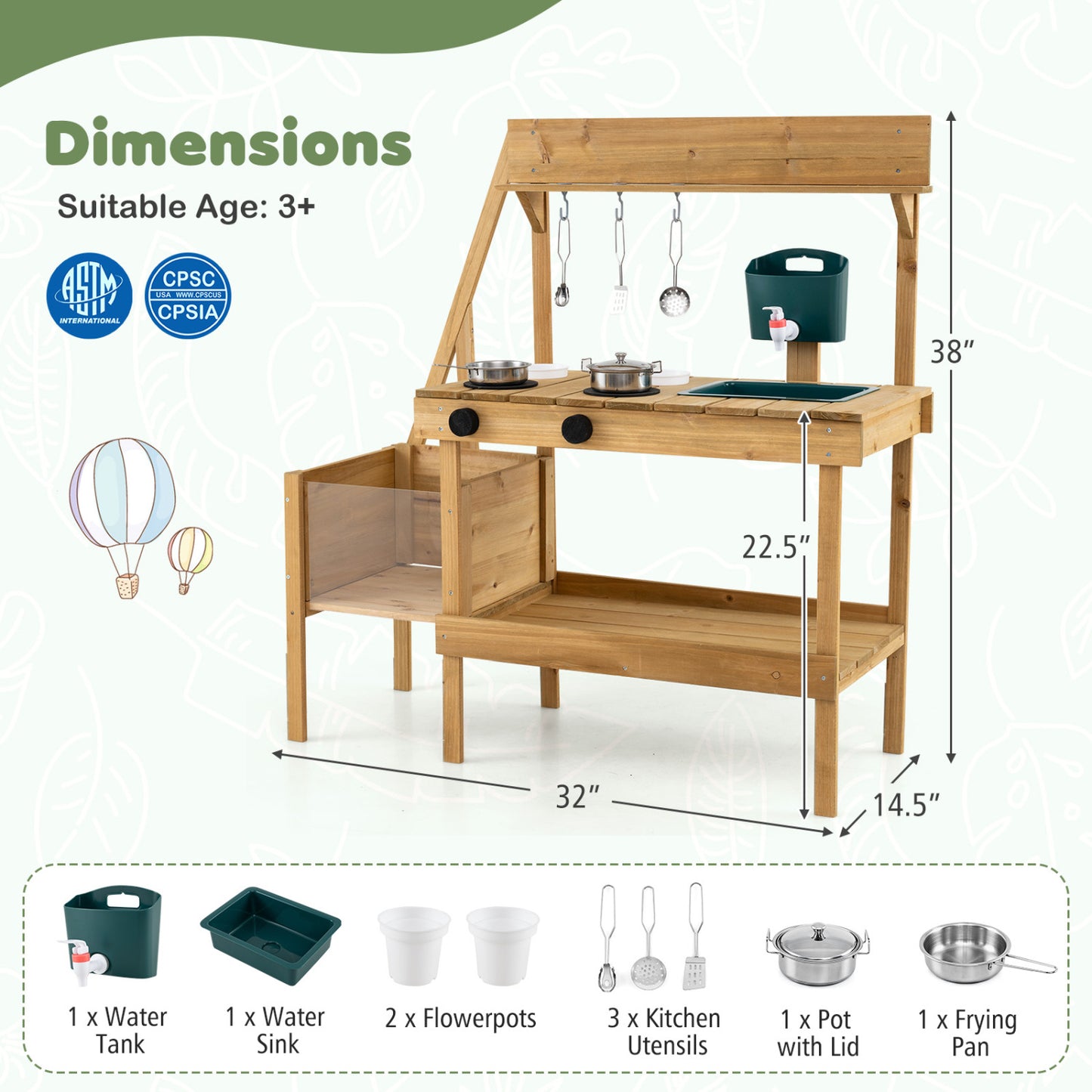 Kids Mud Kitchen Wooden Play Kitchen with Planter Box, Natural