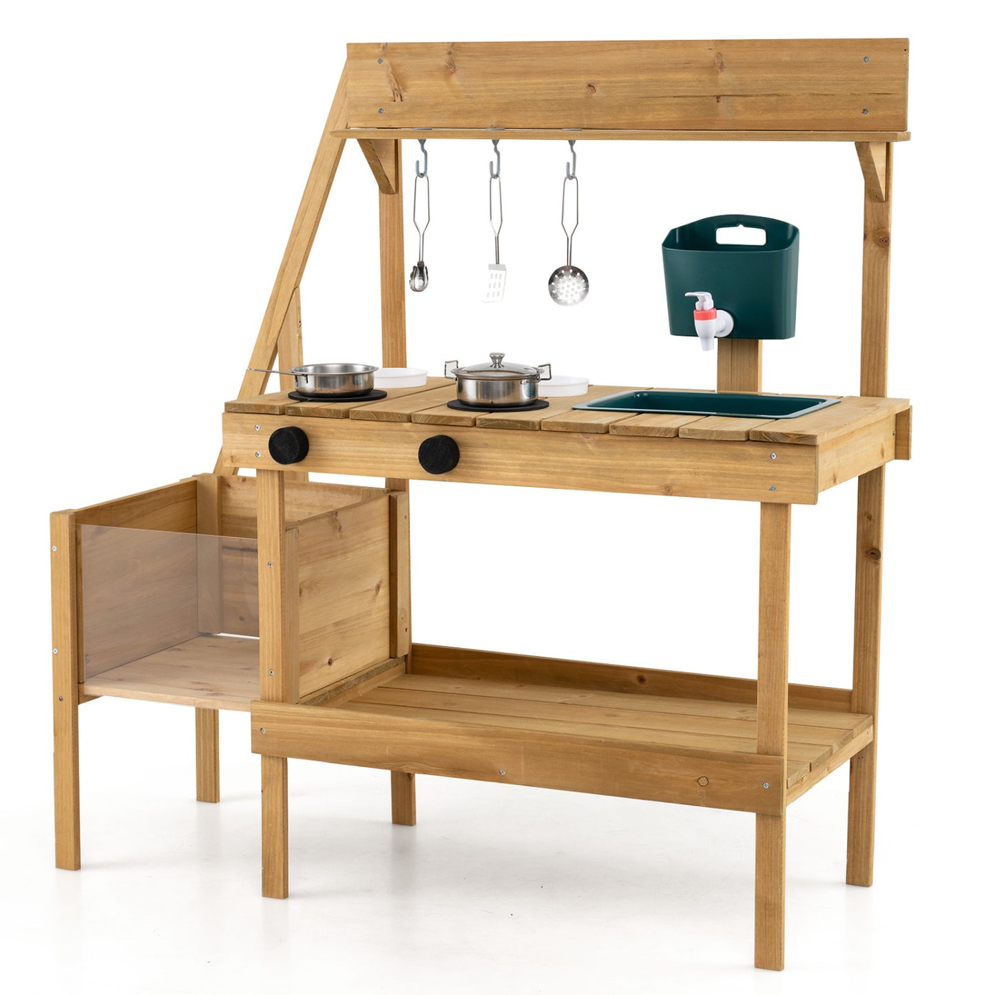 Kids Mud Kitchen Wooden Play Kitchen with Planter Box, Natural
