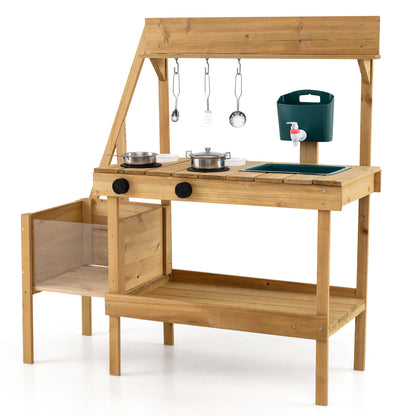 Kids Mud Kitchen Wooden Play Kitchen with Planter Box, Natural