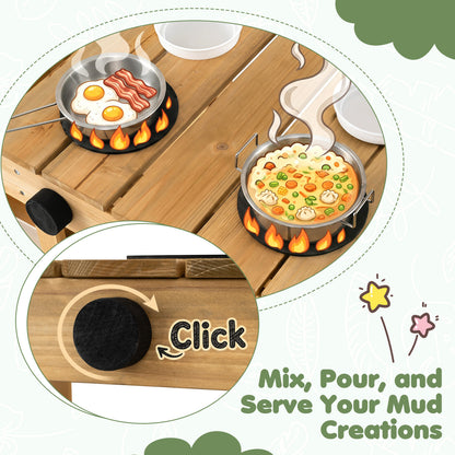 Kids Mud Kitchen Wooden Play Kitchen with Planter Box, Natural