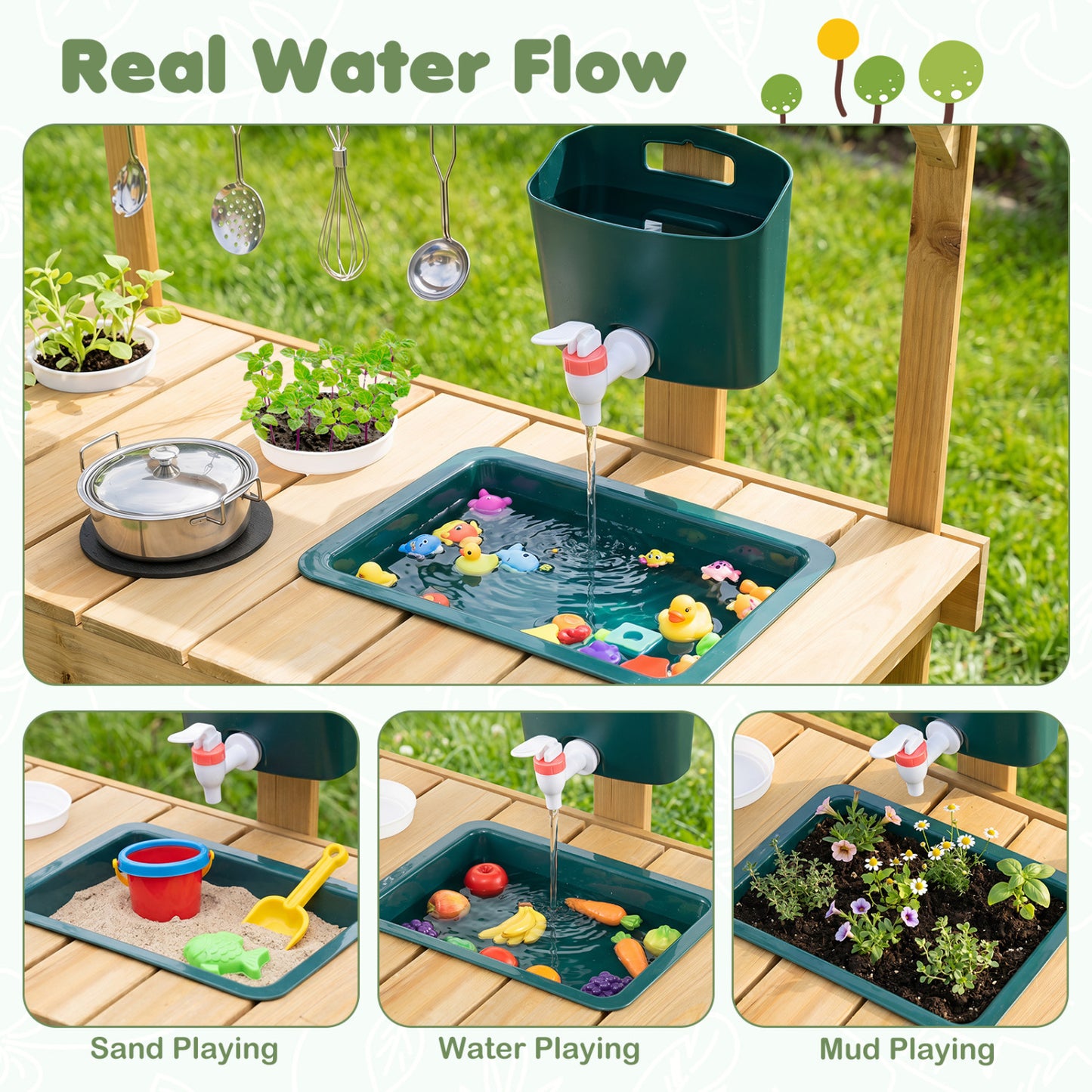 Kids Mud Kitchen Wooden Play Kitchen with Planter Box, Natural