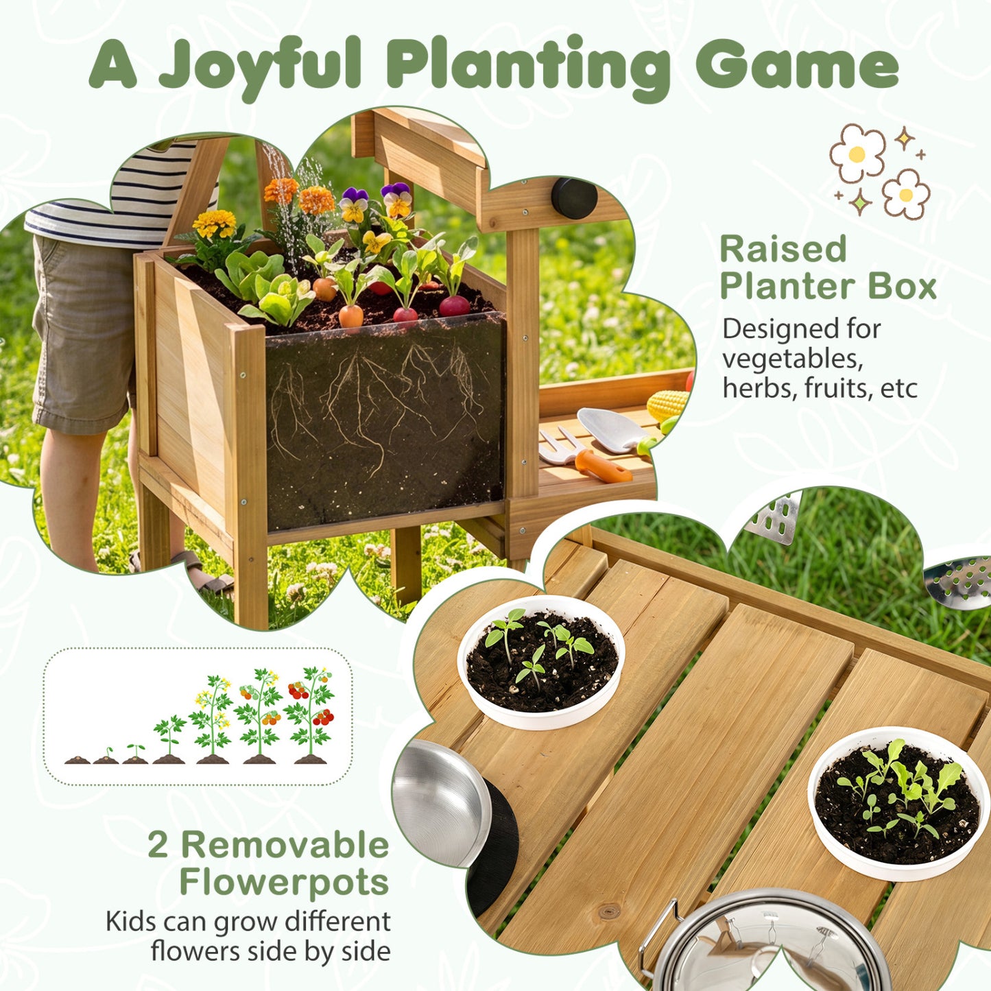 Kids Mud Kitchen Wooden Play Kitchen with Planter Box, Natural