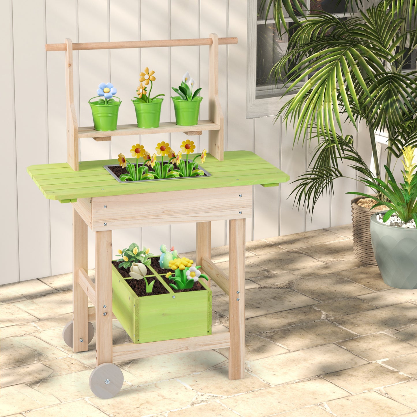 Kids Mud Kitchen With Removable Pots, Watering Can, Planting Trough