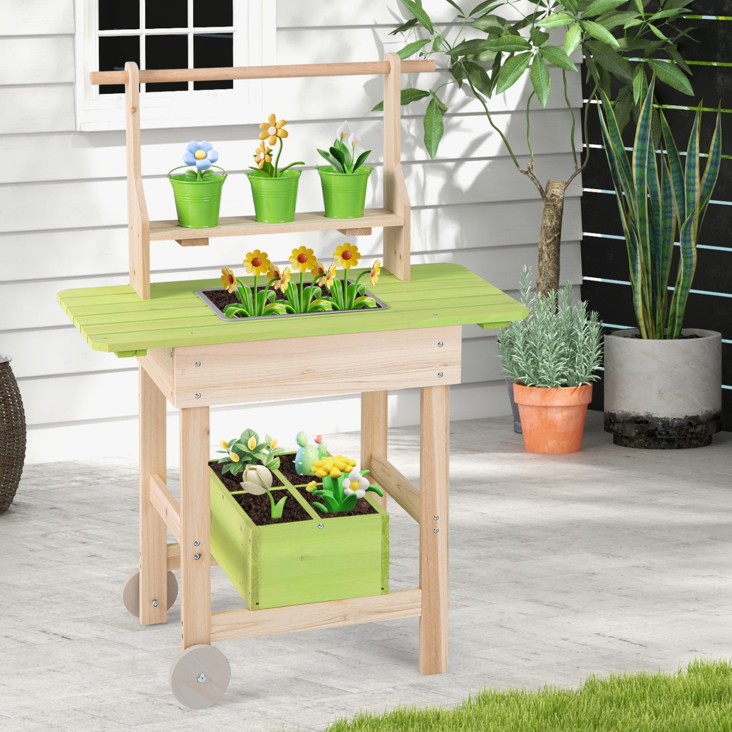 Kids Mud Kitchen With Removable Pots, Watering Can, Planting Trough