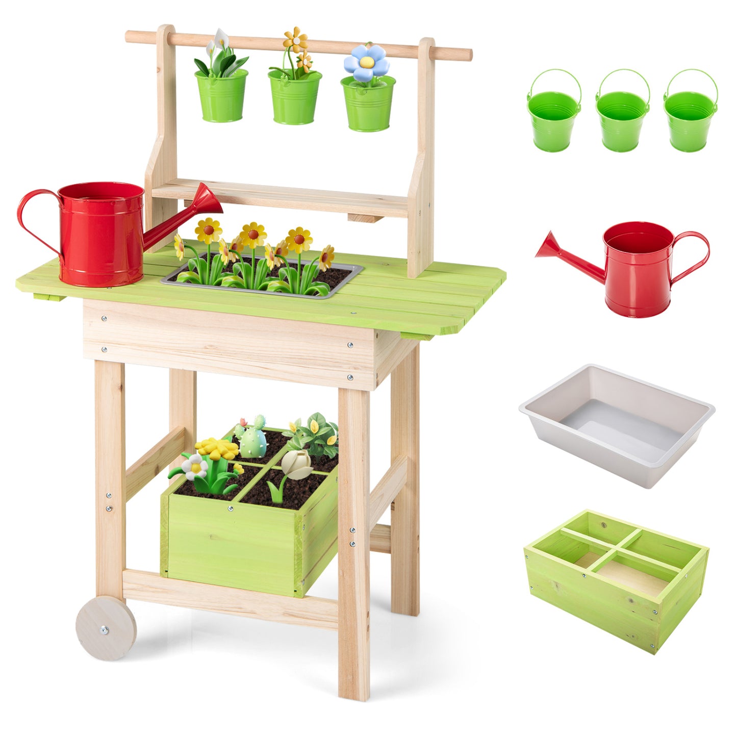 Kids Mud Kitchen With Removable Pots, Watering Can, Planting Trough