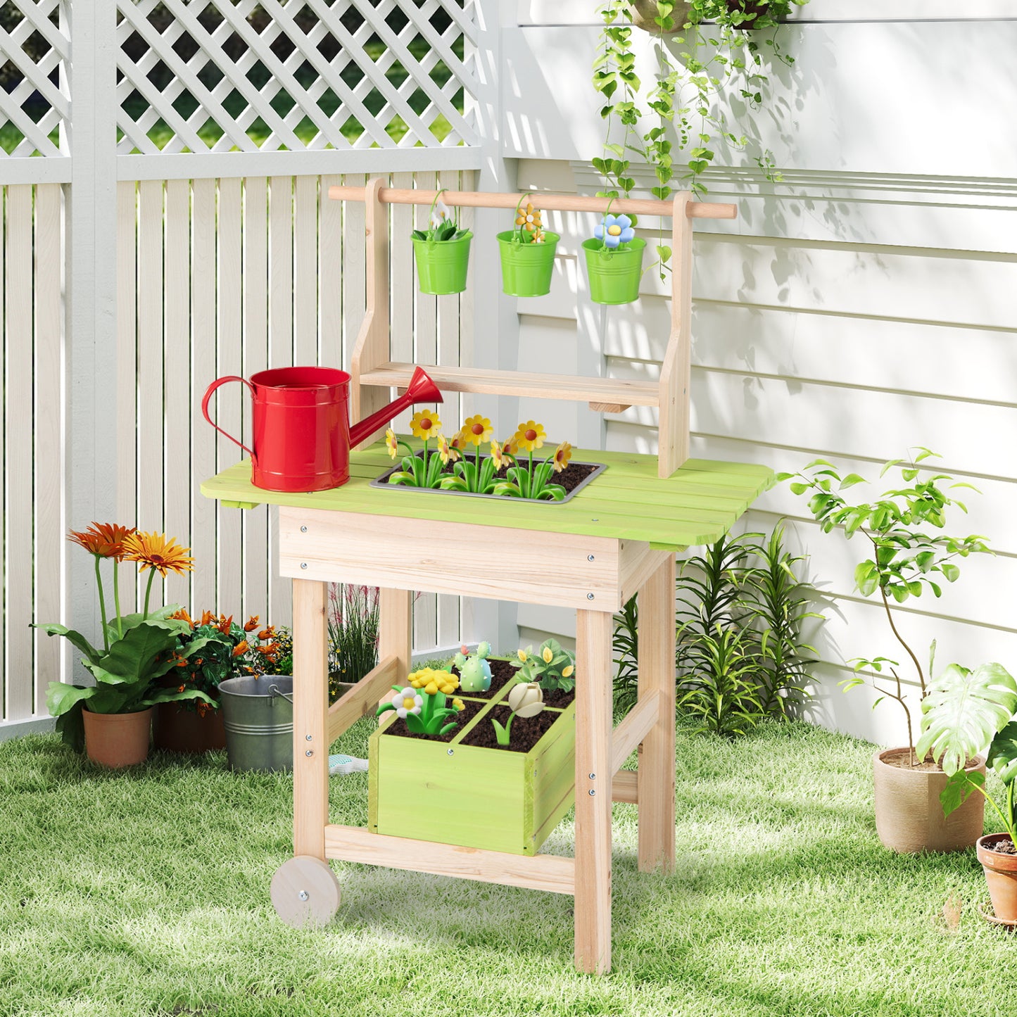Kids Mud Kitchen With Removable Pots, Watering Can, Planting Trough