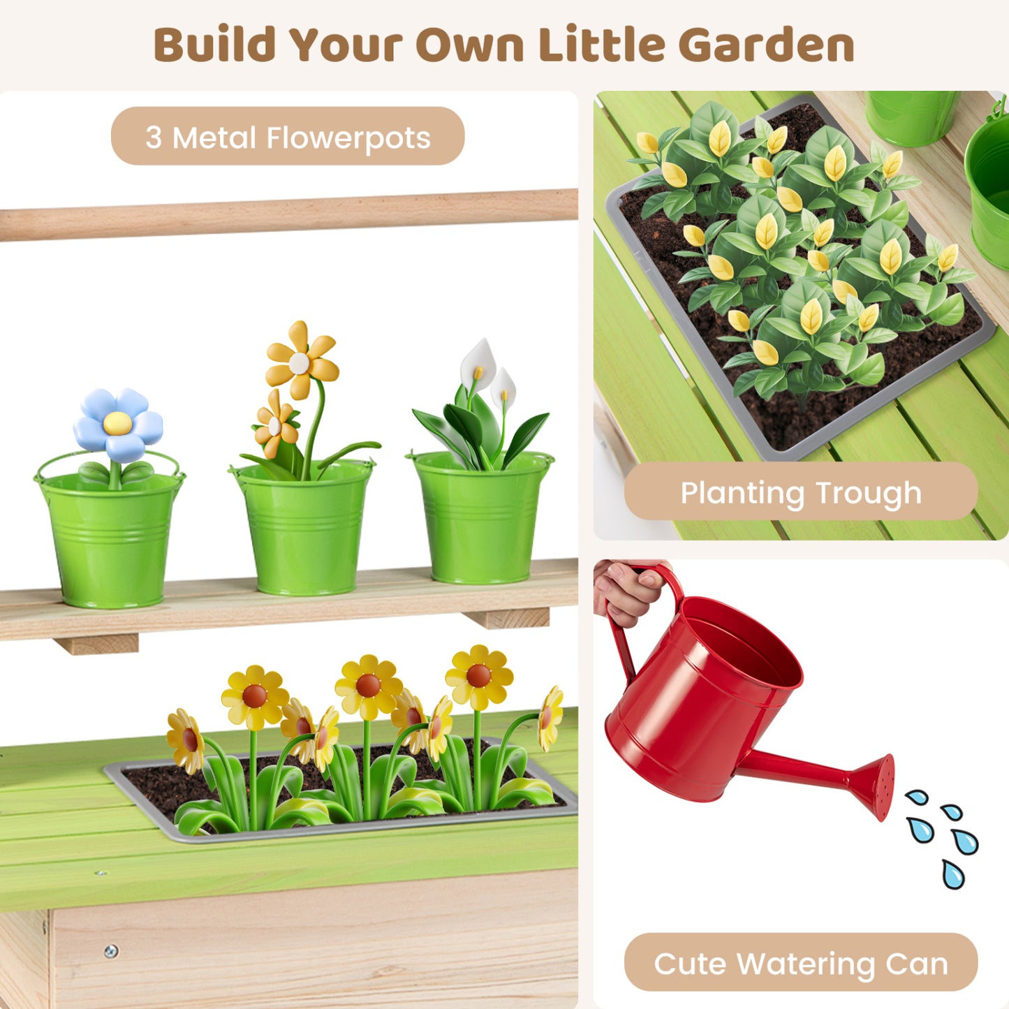 Kids Mud Kitchen With Removable Pots, Watering Can, Planting Trough
