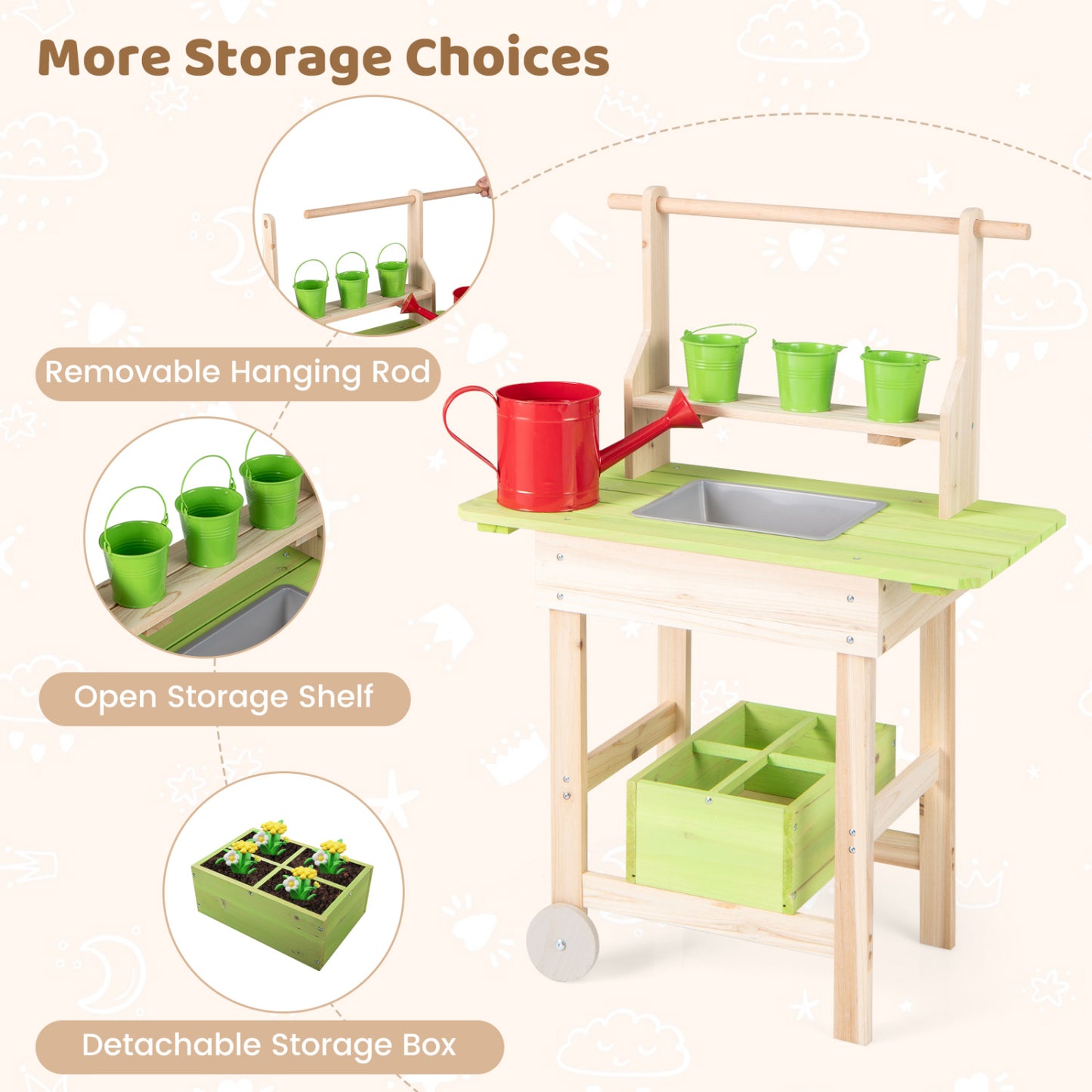 Kids Mud Kitchen With Removable Pots, Watering Can, Planting Trough