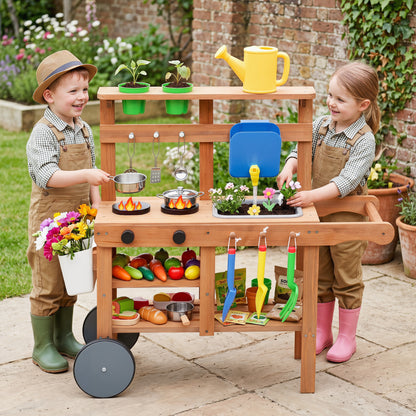 Kids Mud Kitchen With Water Tank, Sink, 15 Accessories, Natural