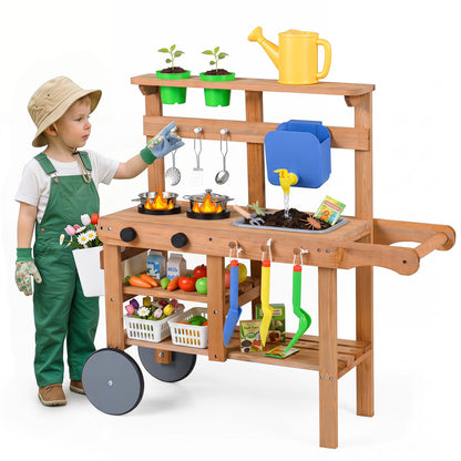 Kids Mud Kitchen With Water Tank, Sink, 15 Accessories, Natural