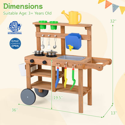 Kids Mud Kitchen With Water Tank, Sink, 15 Accessories, Natural
