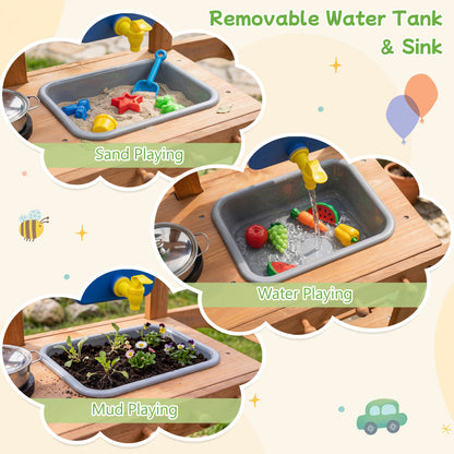 Kids Mud Kitchen With Water Tank, Sink, 15 Accessories, Natural