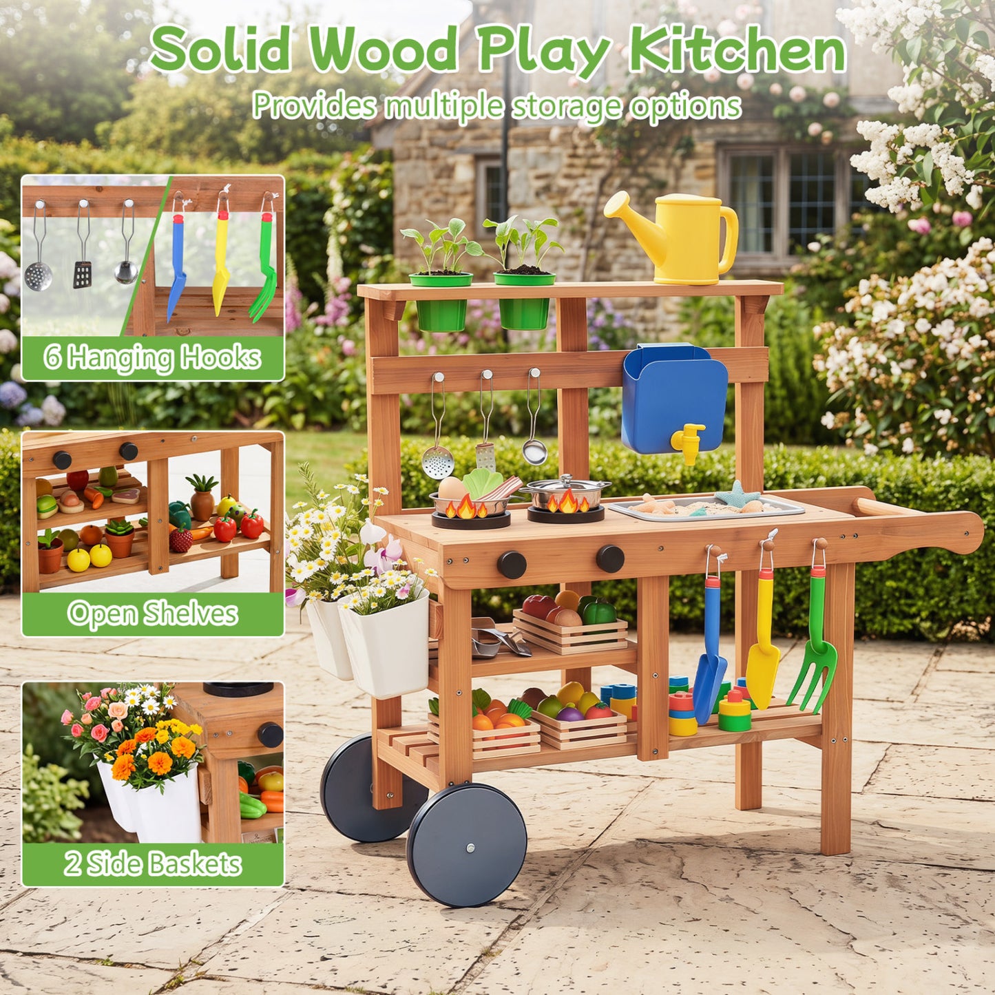 Kids Mud Kitchen With Water Tank, Sink, 15 Accessories, Natural