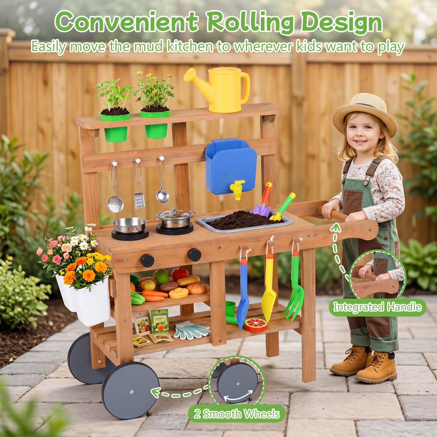 Kids Mud Kitchen With Water Tank, Sink, 15 Accessories, Natural