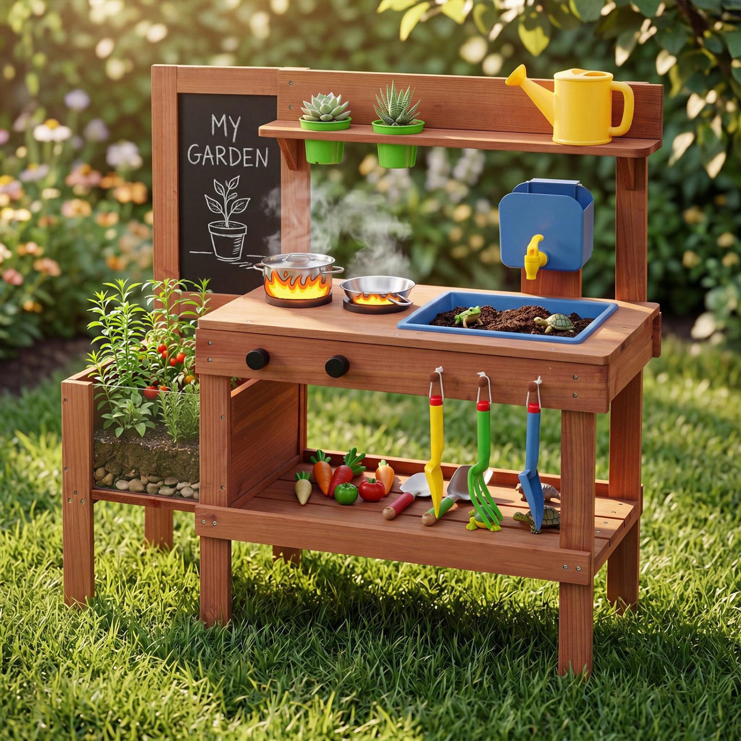 Kids Mud Kitchen With Planter Box, Sink, 13 Accessories, Natural