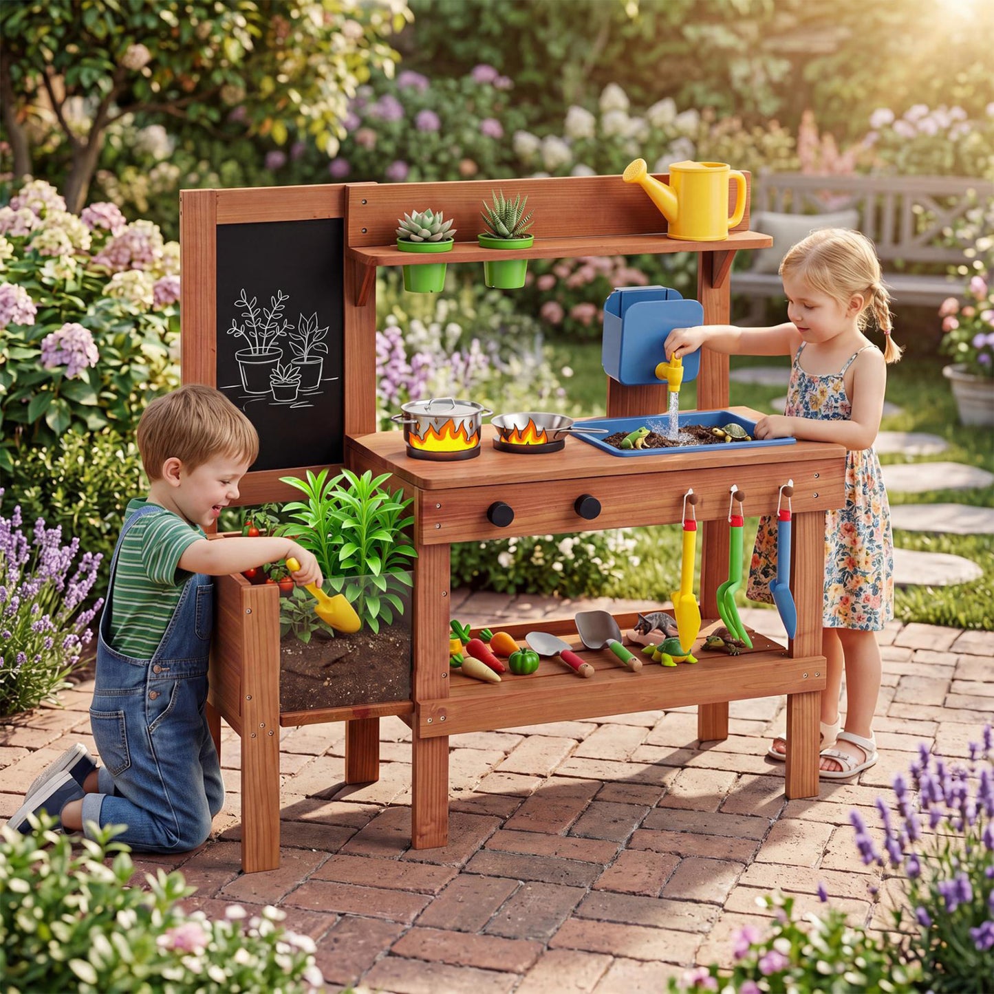 Kids Mud Kitchen With Planter Box, Sink, 13 Accessories, Natural