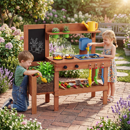 Kids Mud Kitchen With Planter Box, Sink, 13 Accessories, Natural