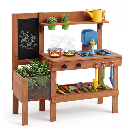 Kids Mud Kitchen With Planter Box, Sink, 13 Accessories, Natural Play Kitchen Sets Natural at Gallery Canada