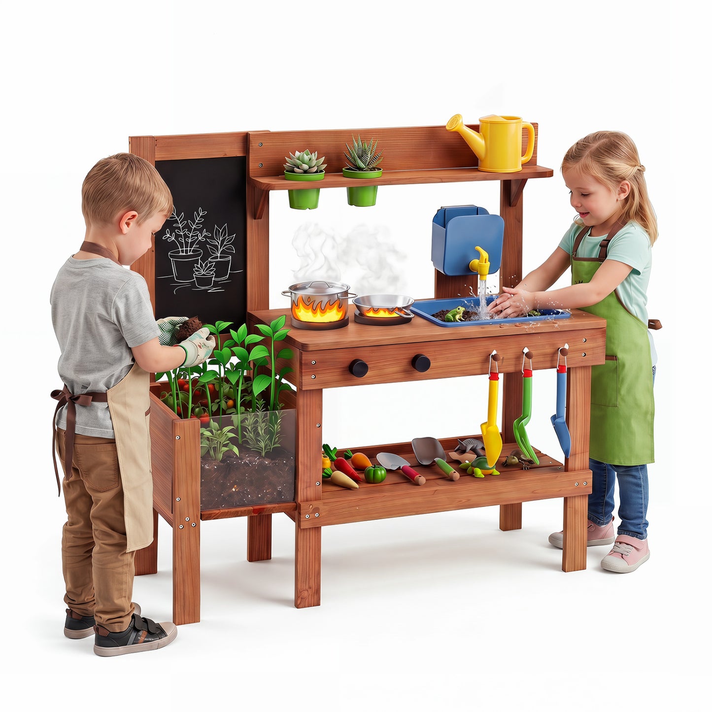 Kids Mud Kitchen With Planter Box, Sink, 13 Accessories, Natural