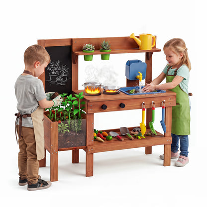 Kids Mud Kitchen With Planter Box, Sink, 13 Accessories, Natural