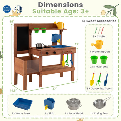 Kids Mud Kitchen With Planter Box, Sink, 13 Accessories, Natural
