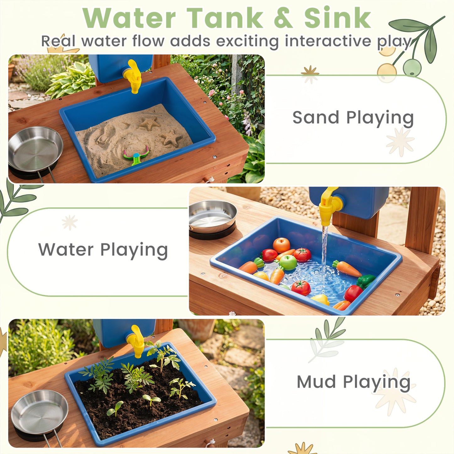 Kids Mud Kitchen With Planter Box, Sink, 13 Accessories, Natural