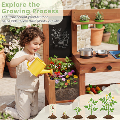 Kids Mud Kitchen With Planter Box, Sink, 13 Accessories, Natural