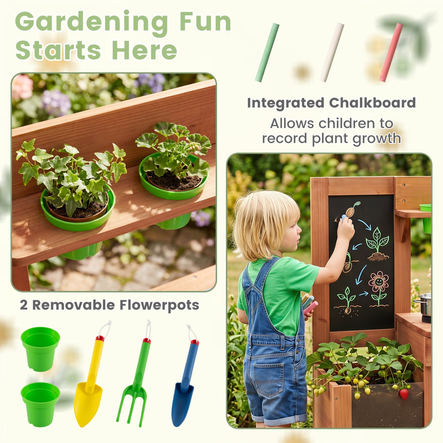 Kids Mud Kitchen With Planter Box, Sink, 13 Accessories, Natural