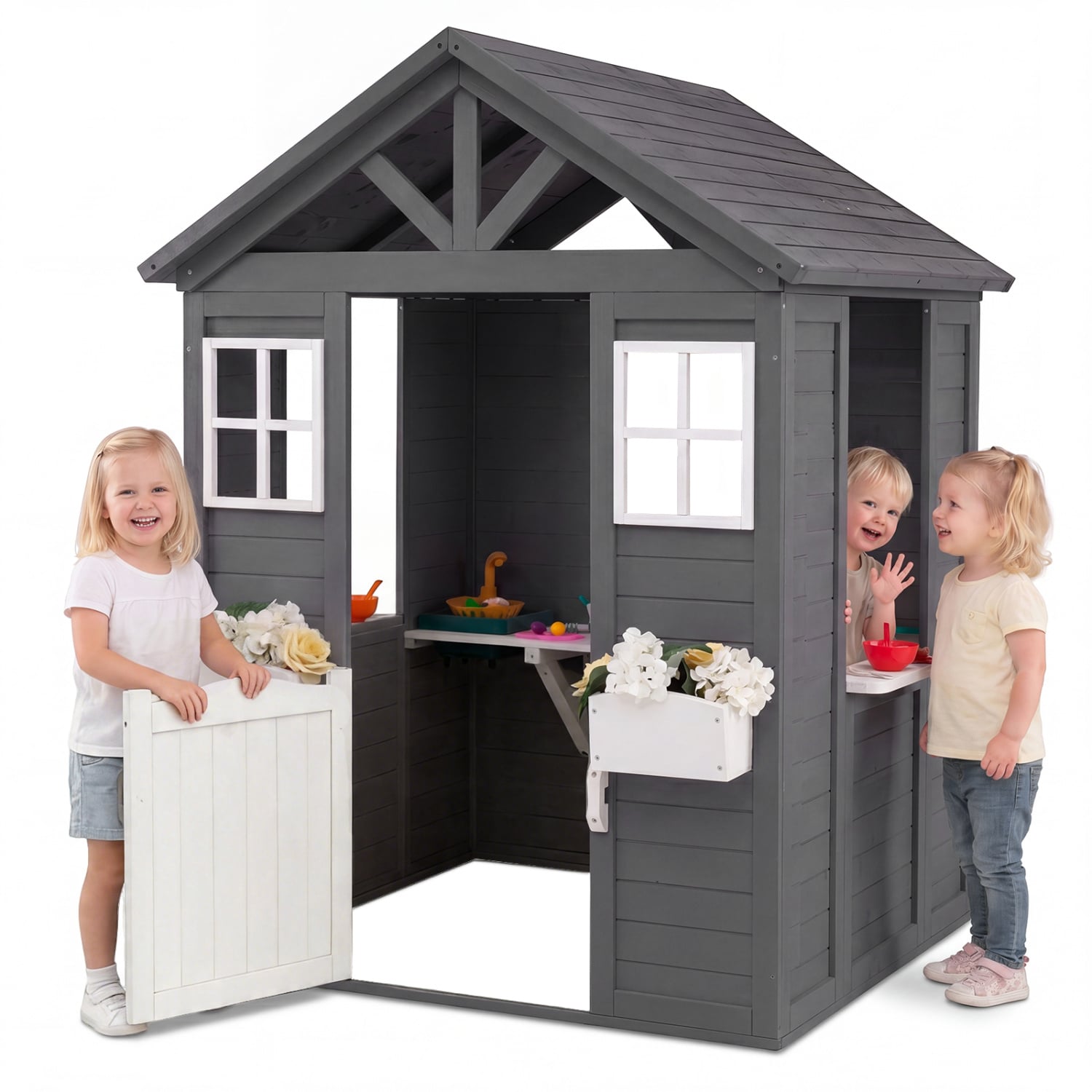 Kids Outdoor Playhouse with Sink, Gray Spruce Wooden Play Tents & Playhouse Gray at Gallery Canada