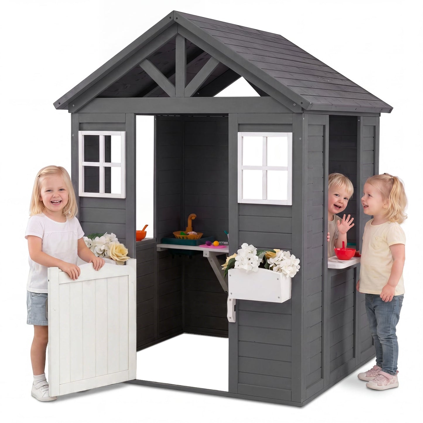 Kids Outdoor Playhouse with Sink, Gray Spruce Wooden Play Tents & Playhouse Gray at Gallery Canada