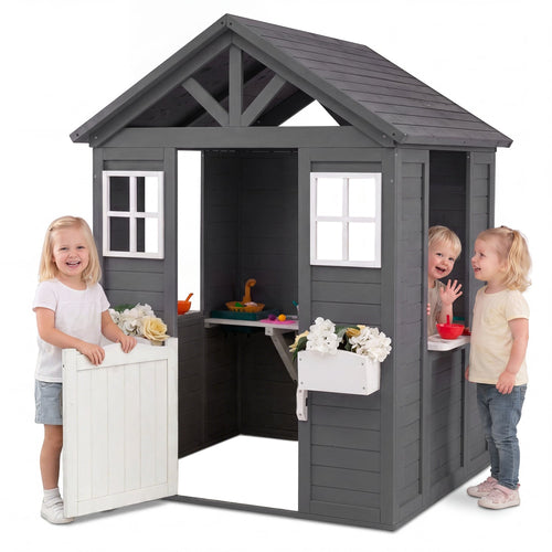 Kids Outdoor Playhouse with Sink, Gray Spruce Wooden