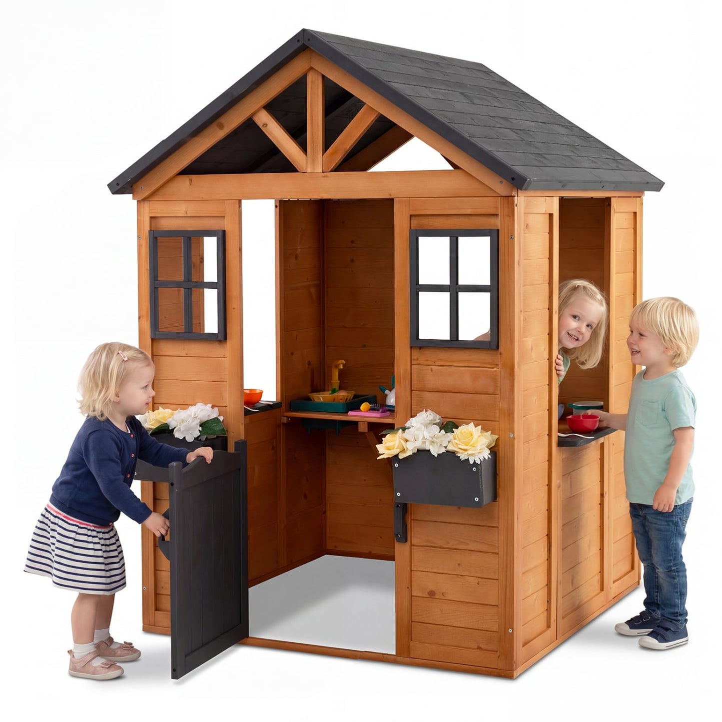 Kids Outdoor Playhouse with Sink, Wooden Cottage, Natural Play Tents & Playhouse Natural at Gallery Canada