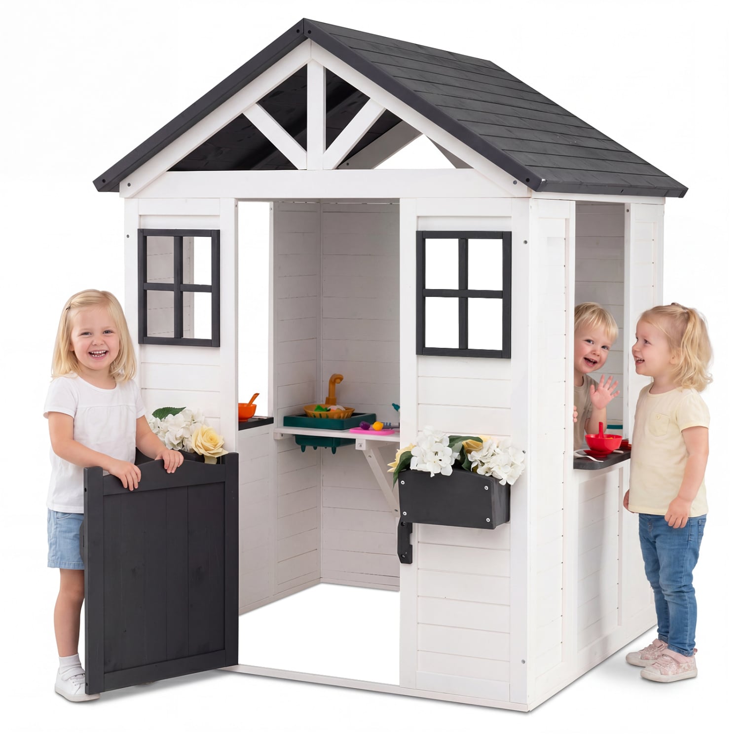 Kids Outdoor Playhouse with Sink, Wooden Cottage, White Play Tents & Playhouse White at Gallery Canada