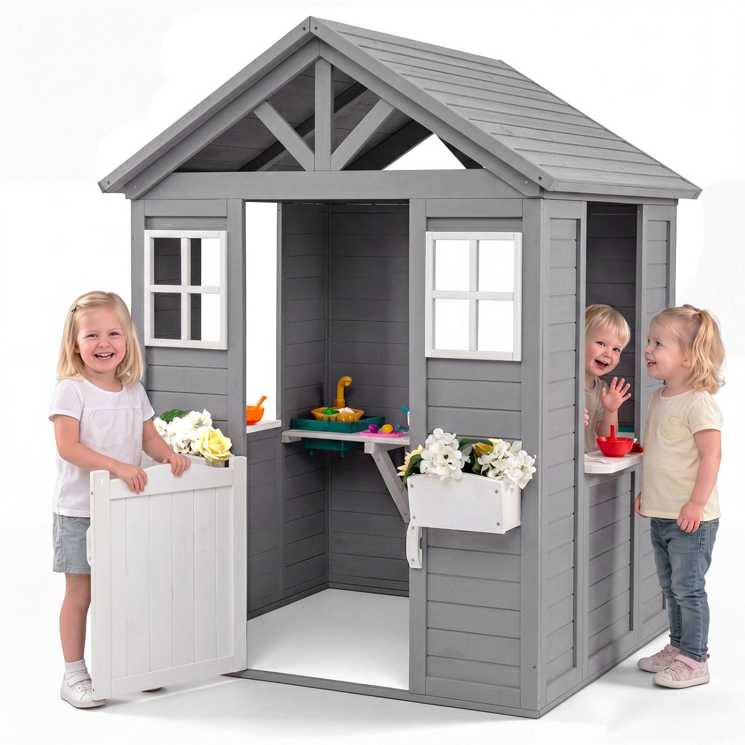 Kids Outdoor Playhouse with Sink, Gray Spruce Wooden Play Tents & Playhouse at Gallery Canada
