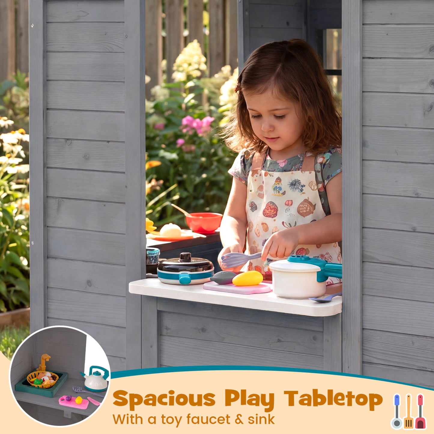 Kids Outdoor Playhouse with Sink, Gray Spruce Wooden Play Tents & Playhouse at Gallery Canada