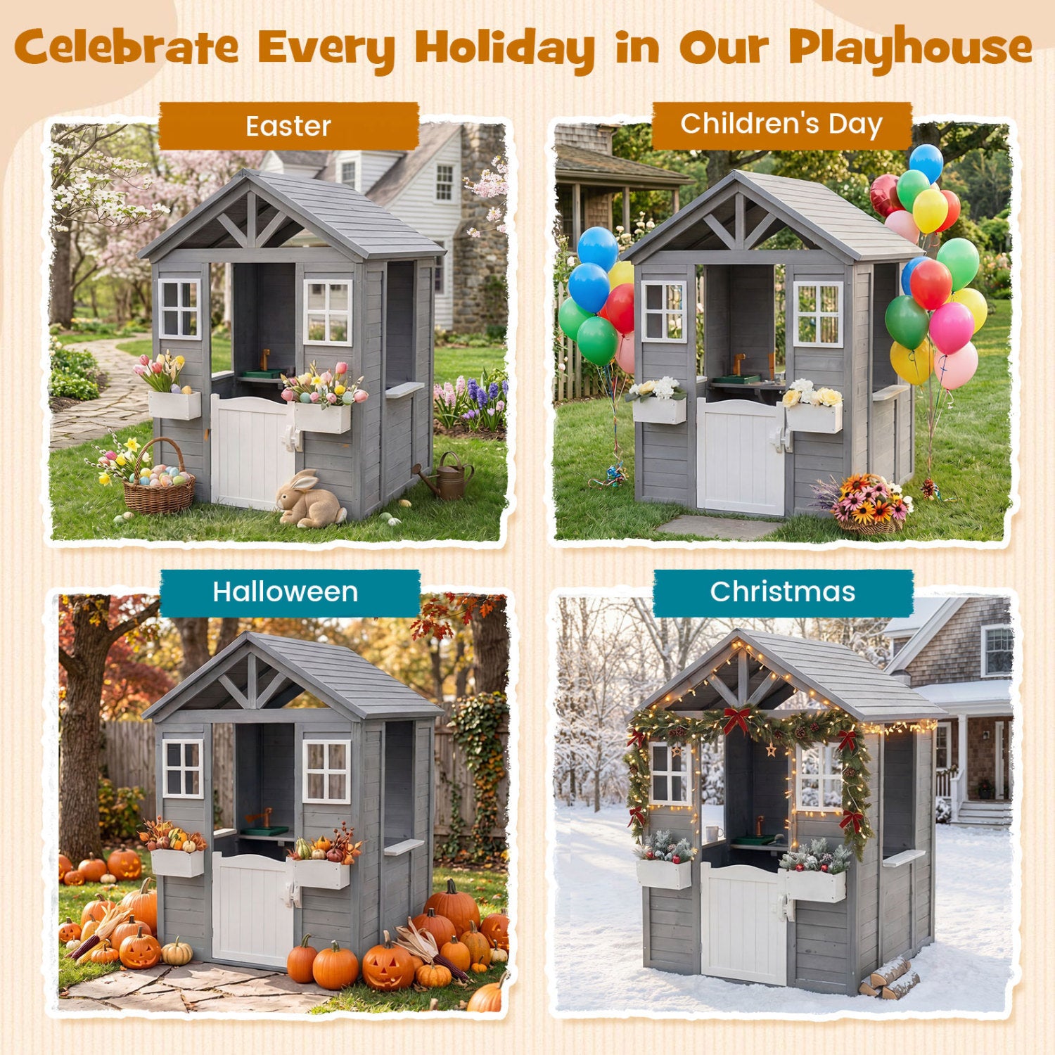 Kids Outdoor Playhouse with Sink, Gray Spruce Wooden Play Tents & Playhouse at Gallery Canada