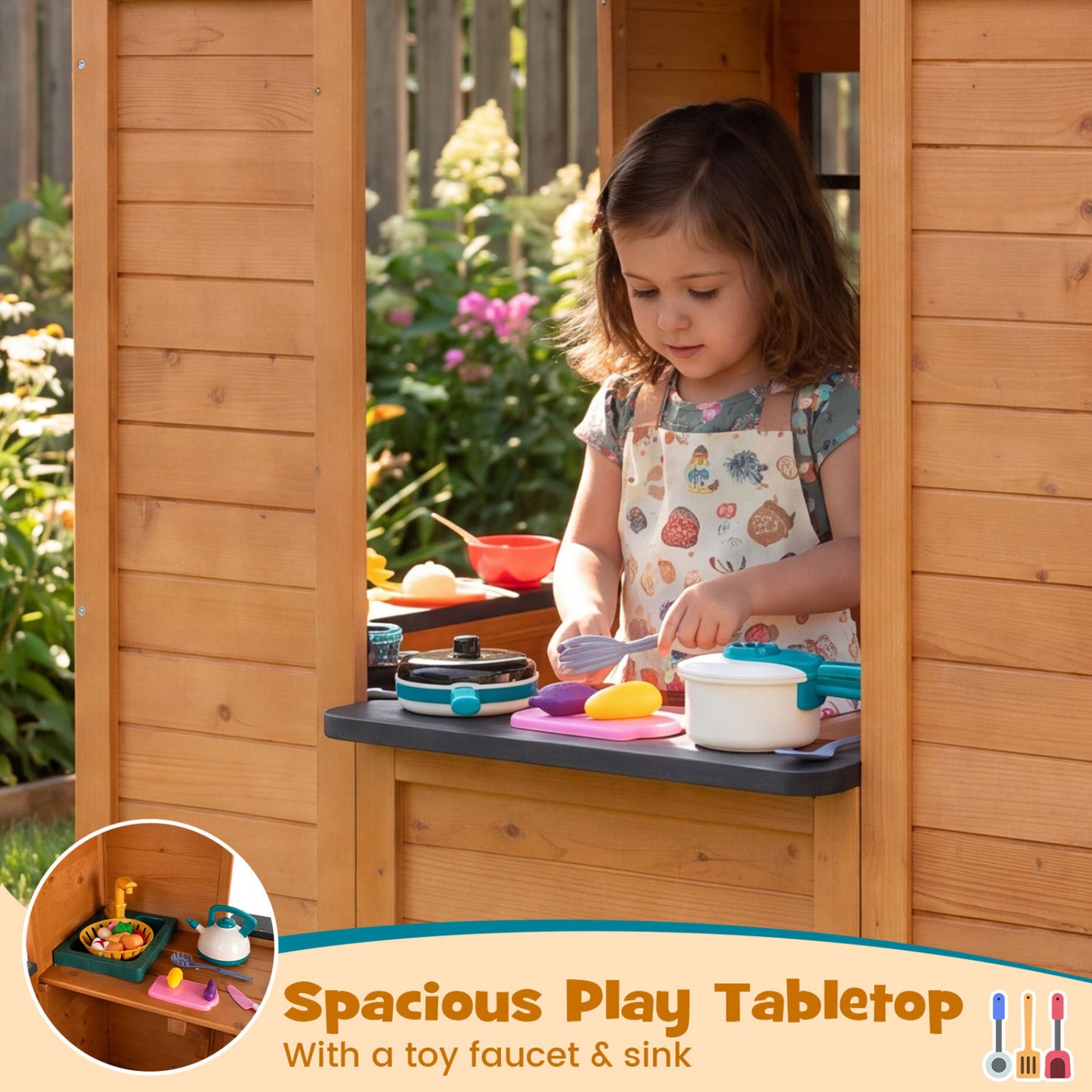 Kids Outdoor Playhouse with Sink, Wooden Cottage, Natural Play Tents & Playhouse at Gallery Canada