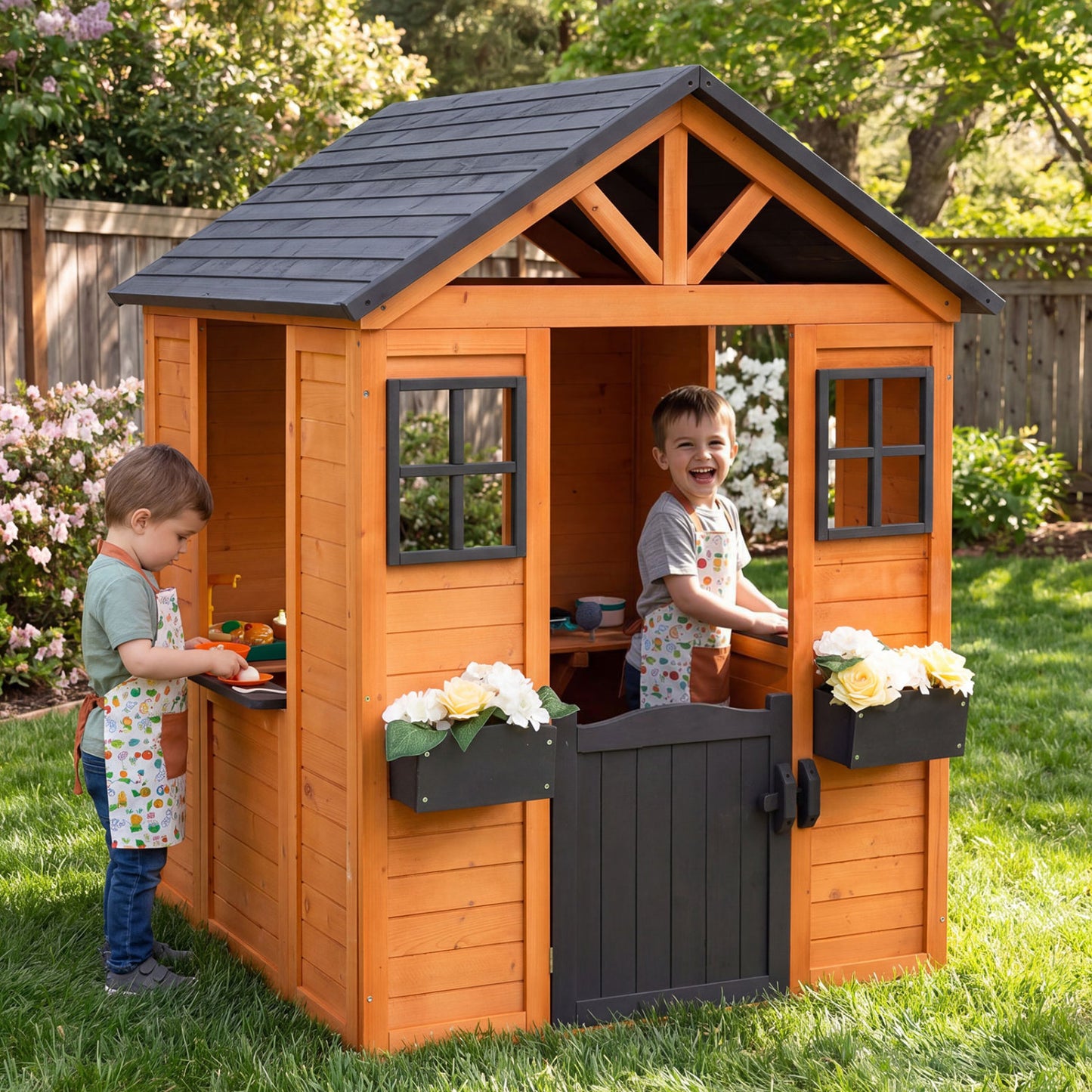 Kids Outdoor Playhouse with Sink, Wooden Cottage, Natural Play Tents & Playhouse at Gallery Canada